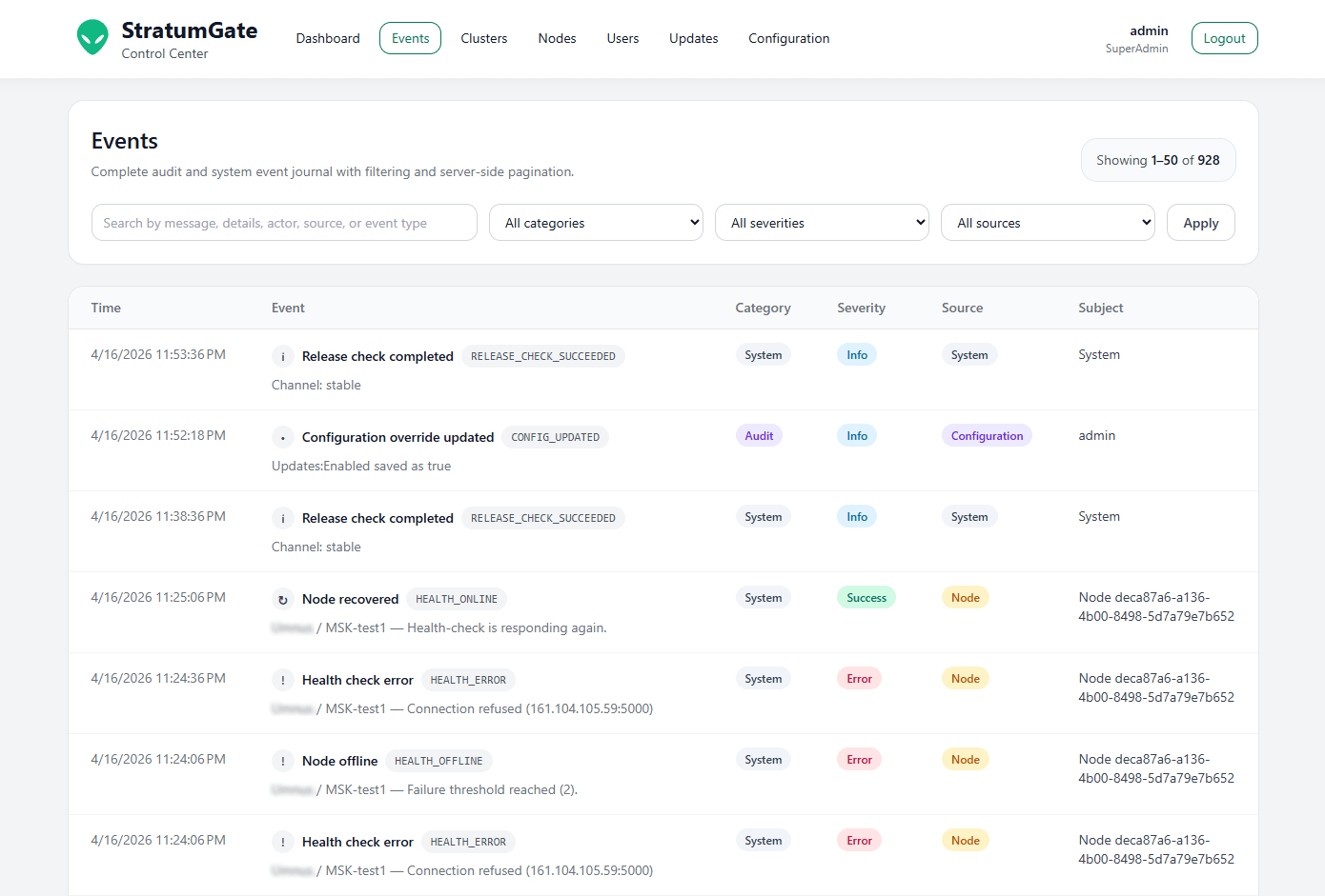 Журнал событий с фильтрацией